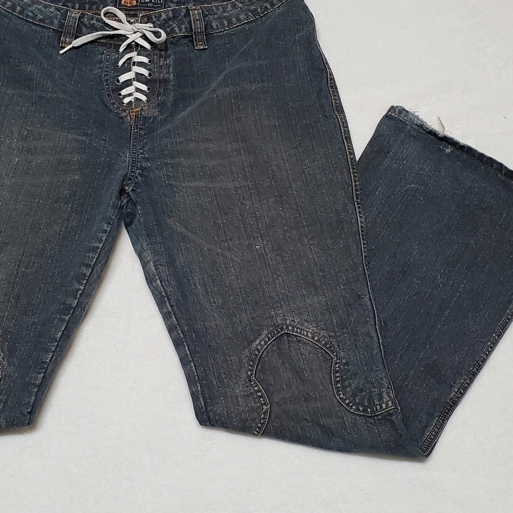 RARE Vintage Route 66 Lace-up Waist Western Dark Wash Low Rise Flare Jeans 14 - Picture 5 of 10